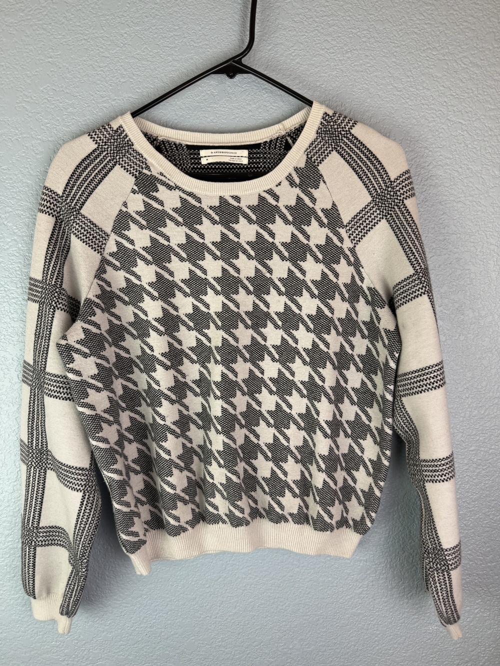 Anthropologie Sweater Womens Medium Black White Houndstooth Plaid Pullover Knit
